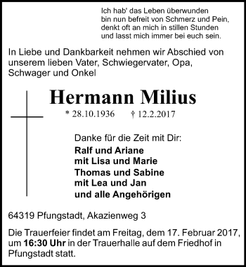 Traueranzeige von Hermann Milius von Trauerportal Echo Online