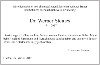 Traueranzeige von Werner Steines von  Gießener Anzeiger