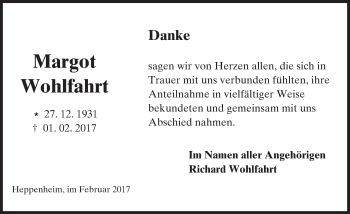 Traueranzeige von Margot Wohlfahrt von Trauerportal Echo Online