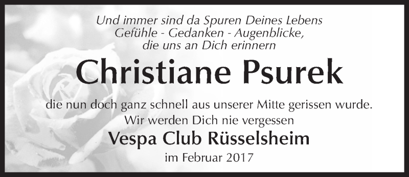  Traueranzeige für Christiane Psurek vom 28.02.2017 aus Trauerportal Rhein Main Presse
