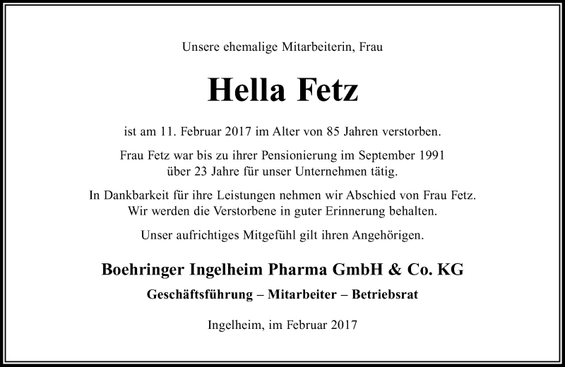  Traueranzeige für Hella Fetz vom 20.02.2017 aus Trauerportal Rhein Main Presse