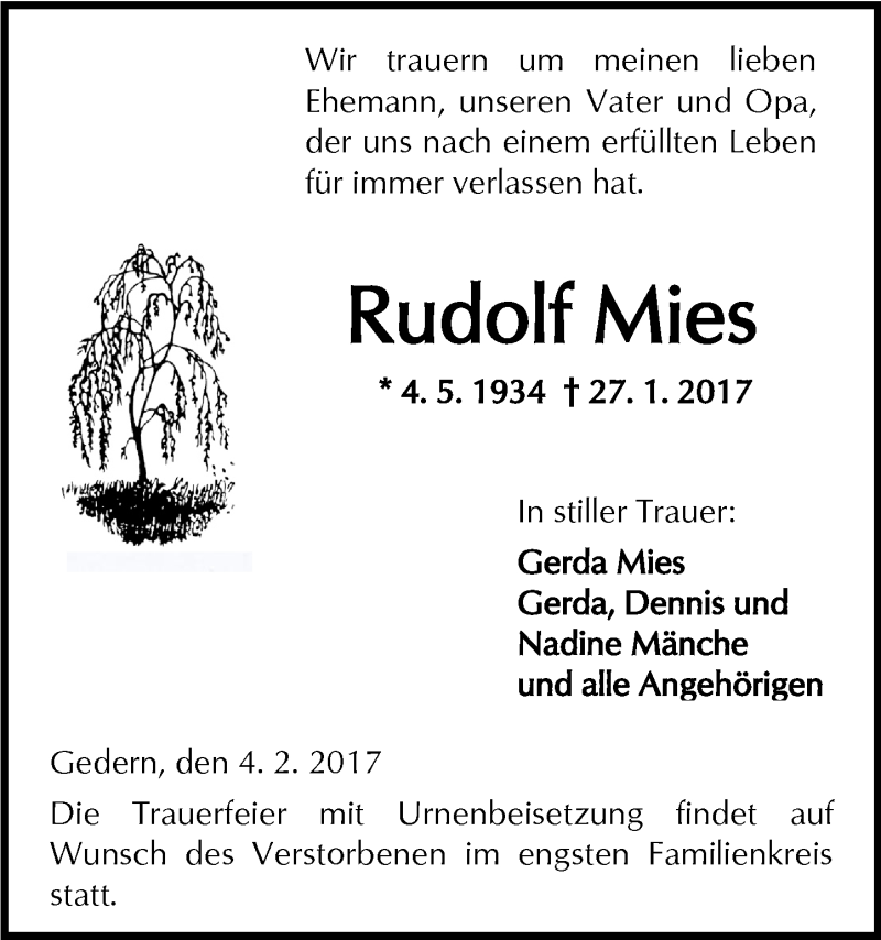  Traueranzeige für Rudolf Mies vom 04.02.2017 aus  Kreisanzeiger