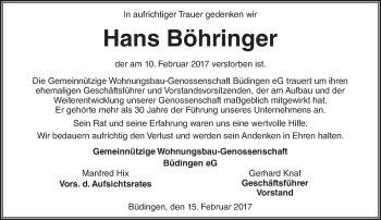 Traueranzeige von Hans Böhringer von  Kreisanzeiger
