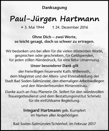 Traueranzeige von Paul-Jürgen Hartmann von  Gelnhäuser Tageblatt