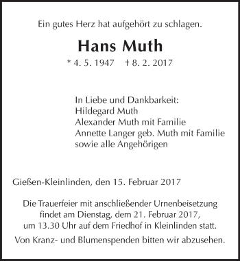 Traueranzeige von Hans Muth von  Gießener Anzeiger