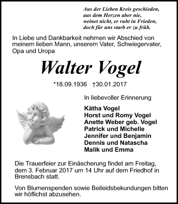 Traueranzeige von Walter Vogel von Trauerportal Echo Online