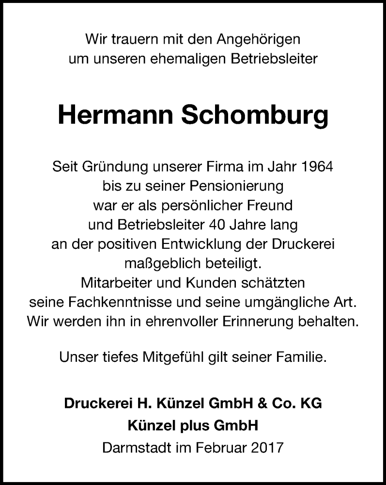  Traueranzeige für Hermann Schomburg vom 04.02.2017 aus Trauerportal Echo Online