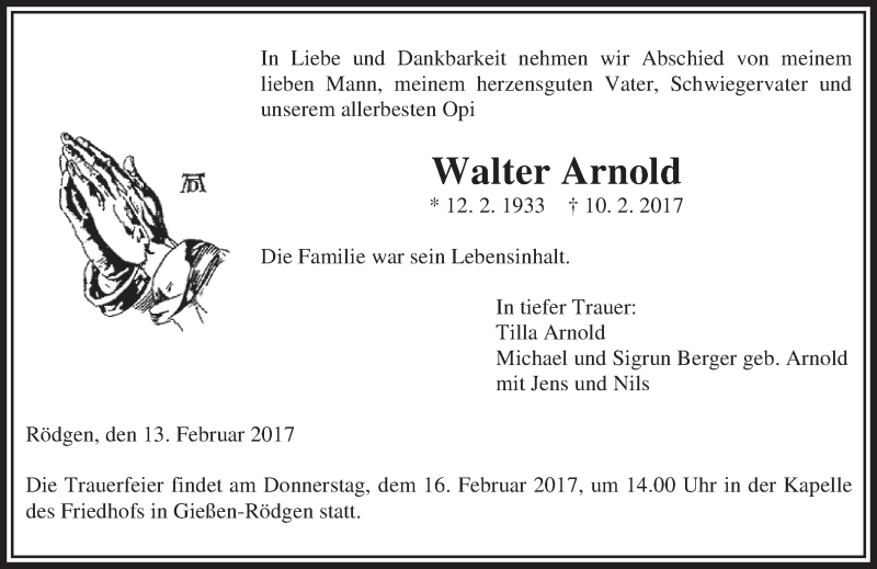  Traueranzeige für Walter Arnold vom 13.02.2017 aus  Gießener Anzeiger