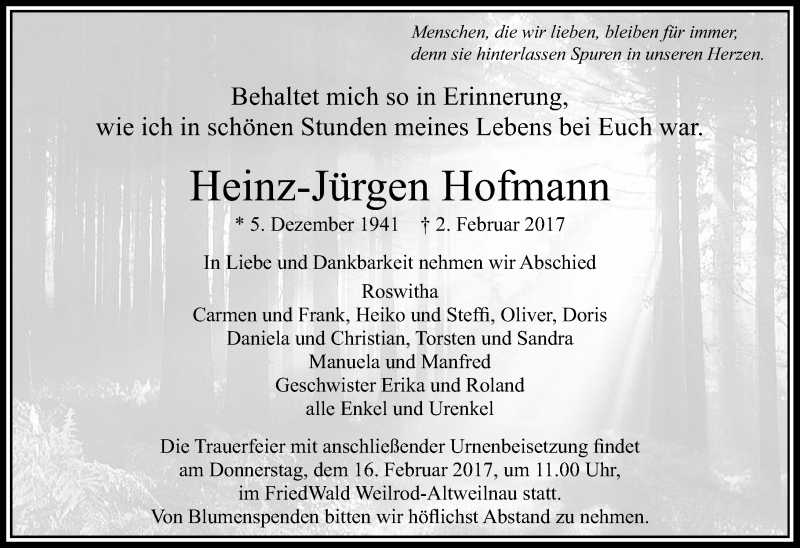  Traueranzeige für Heinz-Jürgen Hofmann vom 11.02.2017 aus  Usinger Anzeiger