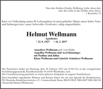 Traueranzeige von Helmut Wellmann von Trauerportal Rhein Main Presse