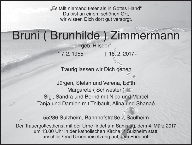  Traueranzeige für Bruni Zimmermann vom 25.02.2017 aus Trauerportal Rhein Main Presse