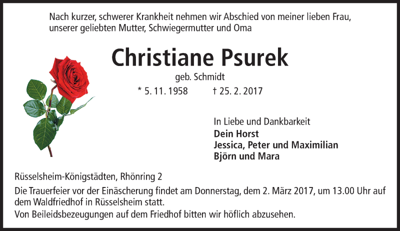  Traueranzeige für Christiane Psurek vom 28.02.2017 aus Trauerportal Rhein Main Presse