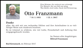 Traueranzeige von Otto Franzmann von Trauerportal Rhein Main Presse
