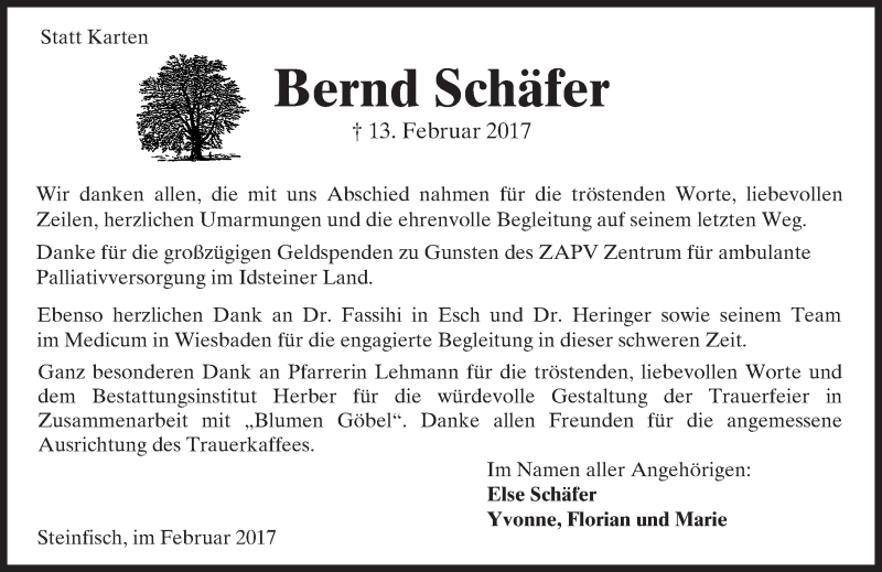  Traueranzeige für Bernd Schäfer vom 23.02.2017 aus  Camberger Anzeiger