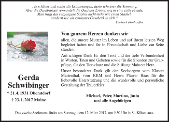 Traueranzeige von Gerda Schwibinger von Trauerportal Rhein Main Presse