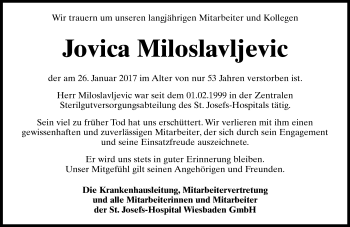 Traueranzeige von Jovica Miloslavljevic von Trauerportal Rhein Main Presse