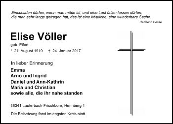 Traueranzeige von Elise Völler von VRM Trauer