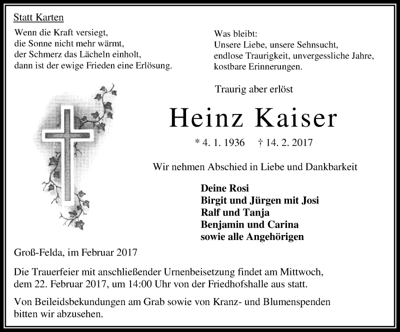  Traueranzeige für Heinz Kaiser vom 18.02.2017 aus VRM Trauer