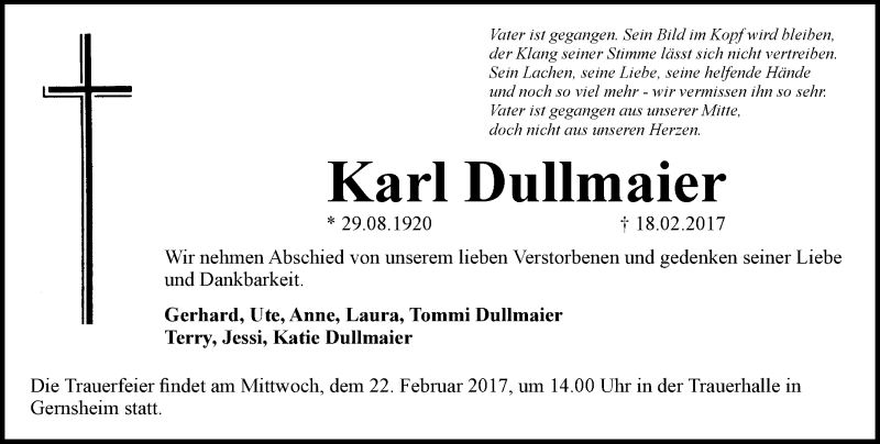  Traueranzeige für Karl Dullmaier vom 21.02.2017 aus Trauerportal Echo Online