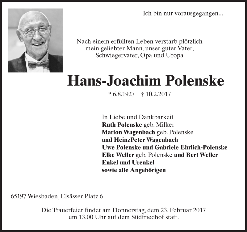  Traueranzeige für Hans-Joachim Polenske vom 18.02.2017 aus Trauerportal Rhein Main Presse
