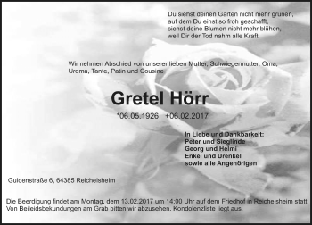 Traueranzeige von Gretel Hörr von Trauerportal Echo Online