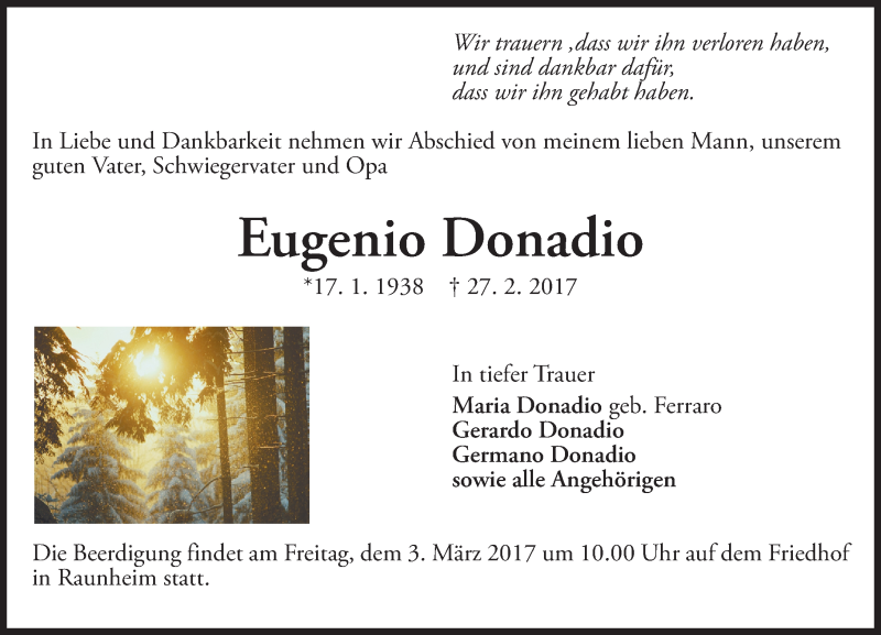  Traueranzeige für Eugenio Donadio vom 01.03.2017 aus Trauerportal Rhein Main Presse