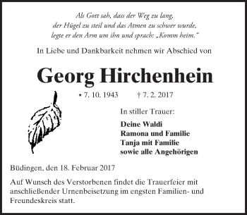 Traueranzeige von Georg Hirchenhein von  Kreisanzeiger