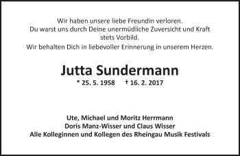 Traueranzeige von Jutta Sundermann von Trauerportal Rhein Main Presse