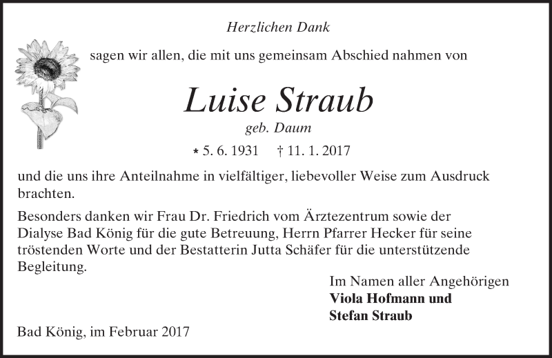  Traueranzeige für Luise Straub vom 04.02.2017 aus Trauerportal Echo Online