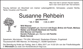 Traueranzeige von Susanne Rehbein von Trauerportal Rhein Main Presse