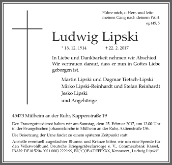 Traueranzeige von Ludwig Lipski von Trauerportal Echo Online