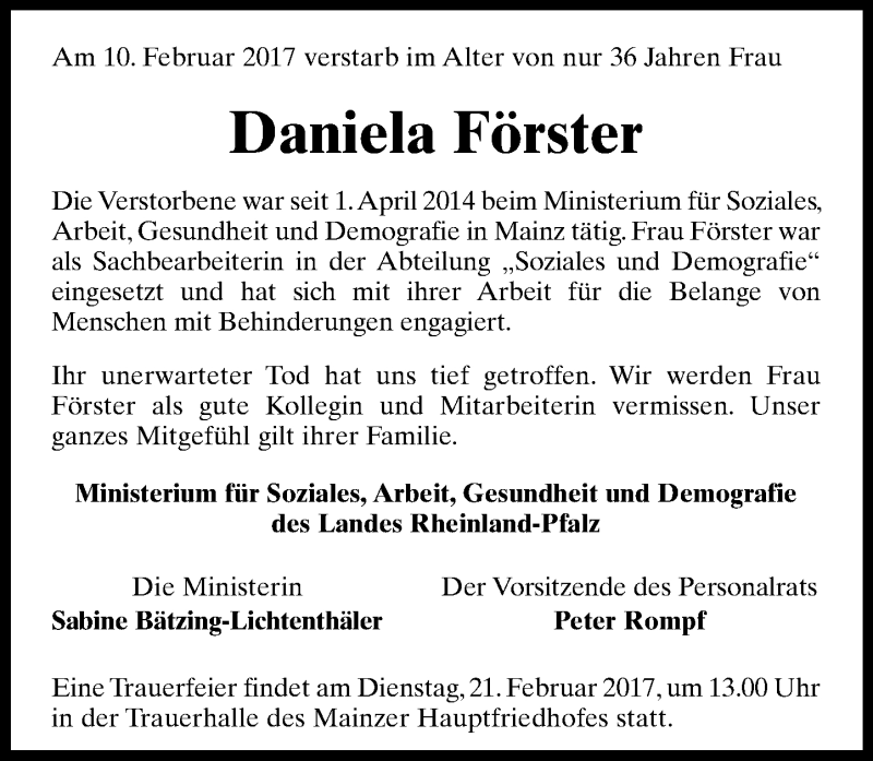  Traueranzeige für Daniela Förster vom 18.02.2017 aus Trauerportal Rhein Main Presse