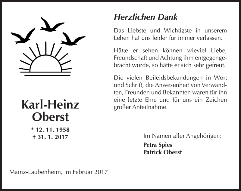  Traueranzeige für Karl-Heinz Oberst vom 18.02.2017 aus Trauerportal Rhein Main Presse