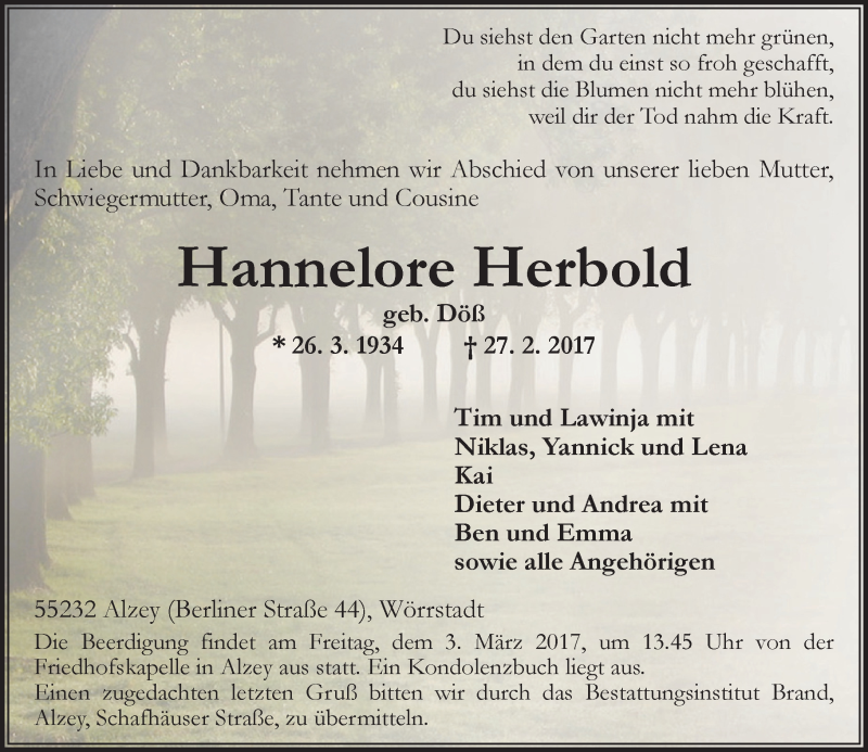  Traueranzeige für Hannelore Herbold vom 28.02.2017 aus Trauerportal Rhein Main Presse