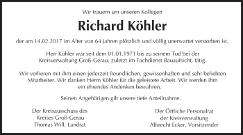 Traueranzeige von Richard Köhler von Trauerportal Echo Online
