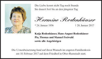 Traueranzeige von Hermine Rodenhäuser von Trauerportal Echo Online