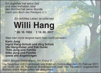 Traueranzeige von Willi Hang von Trauerportal Rhein Main Presse