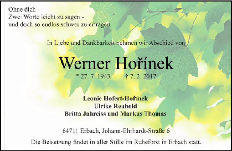  Traueranzeige für Werner Horínek vom 11.02.2017 aus Trauerportal Echo Online