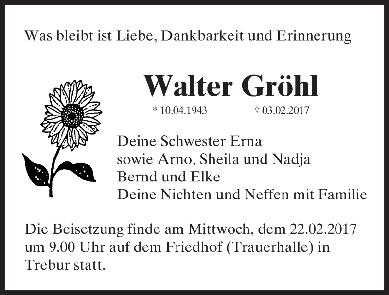  Traueranzeige für Walter Gröhl vom 20.02.2017 aus Trauerportal Echo Online
