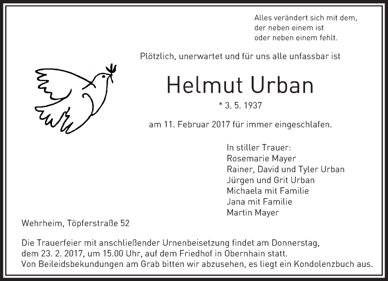  Traueranzeige für Helmut Urban vom 18.02.2017 aus  Usinger Anzeiger