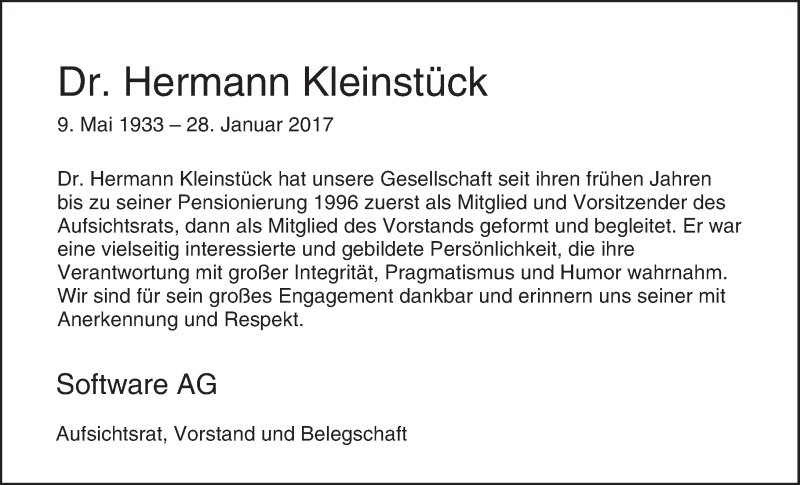  Traueranzeige für Hermann Kleinstück vom 06.02.2017 aus Trauerportal Echo Online
