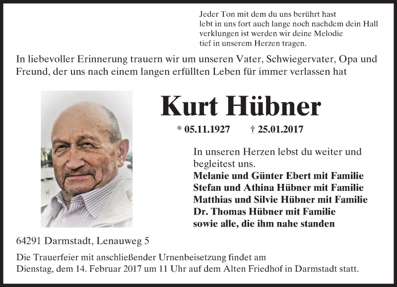  Traueranzeige für Kurt Hübner vom 04.02.2017 aus Trauerportal Echo Online