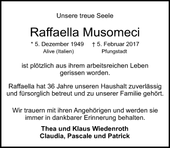 Traueranzeige von Raffaella Musomeci von Trauerportal Echo Online