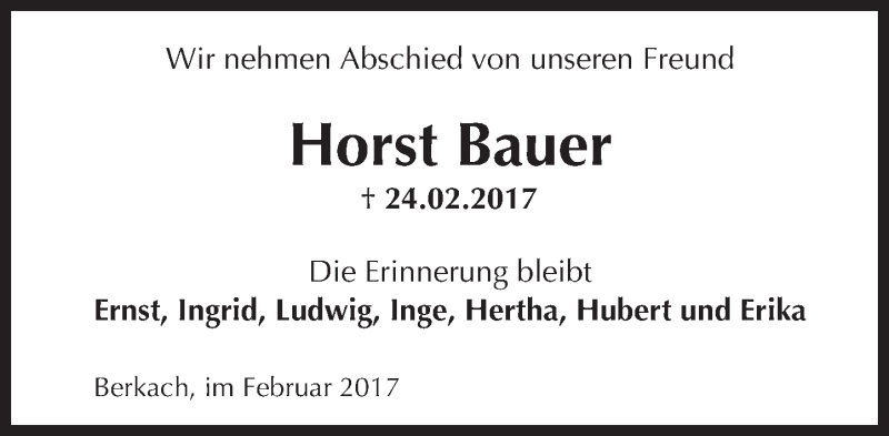  Traueranzeige für Horst Bauer vom 28.02.2017 aus Trauerportal Echo Online