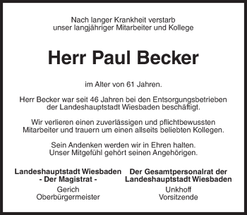 Traueranzeige von Paul Becker von Trauerportal Rhein Main Presse