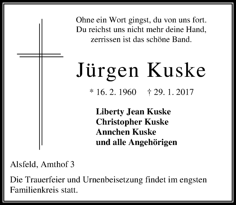  Traueranzeige für Jürgen Kuske vom 04.02.2017 aus VRM Trauer