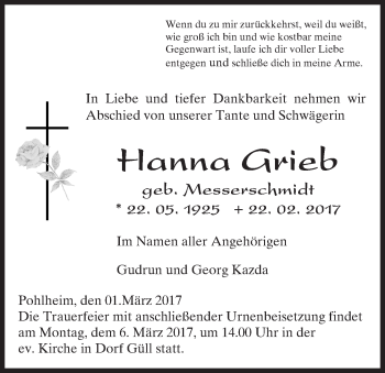 Traueranzeige von Hanna Grieb von  Gießener Anzeiger