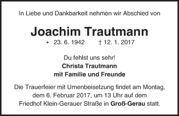 Traueranzeige von Joachim Trautmann von Trauerportal Rhein Main Presse