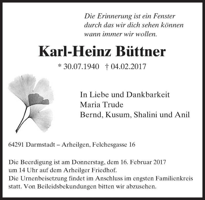  Traueranzeige für Karl-Heinz Büttner vom 11.02.2017 aus Trauerportal Echo Online