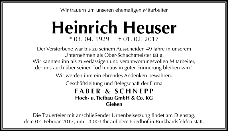  Traueranzeige für Heinrich Heuser vom 04.02.2017 aus VRM Trauer